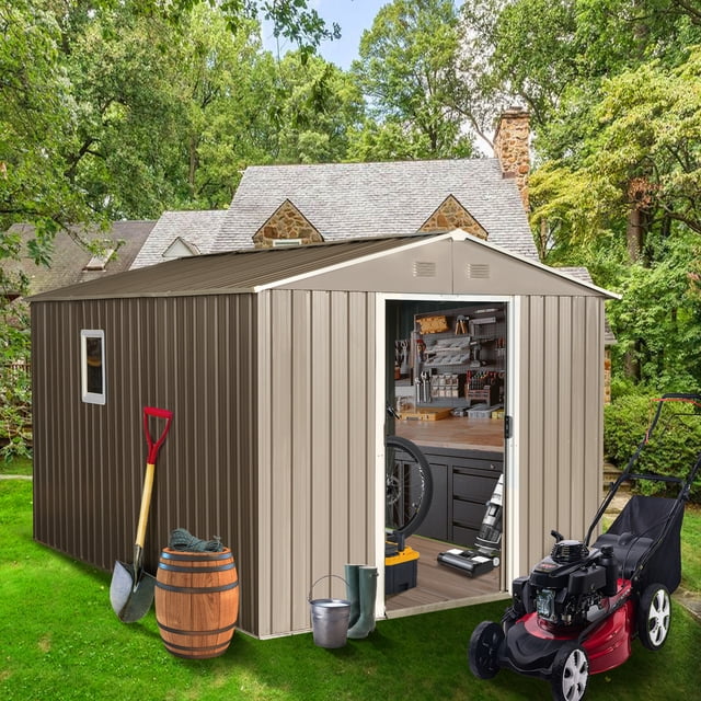 Outdoor Metal Storage Shed with Metal Foundation,with Window,Grey