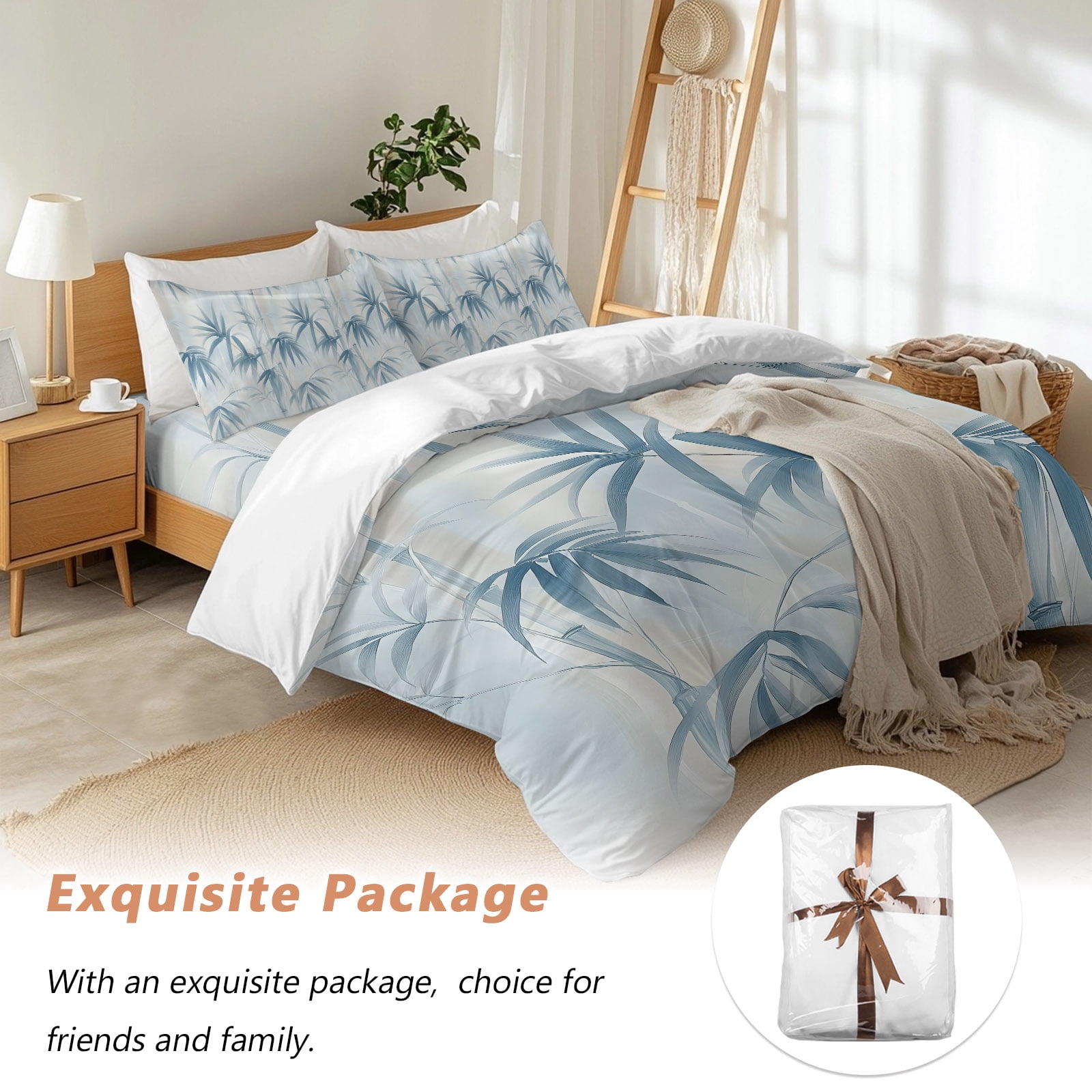 Bamboos Leaf Queen Duvet Cover Set, Blue Leaves Watercolor Modernism 4 Piece Microfiber Bedding Set with Zipper Closure, Bed Sheet and 2 Pillow Shams, Soft Bedding Cover