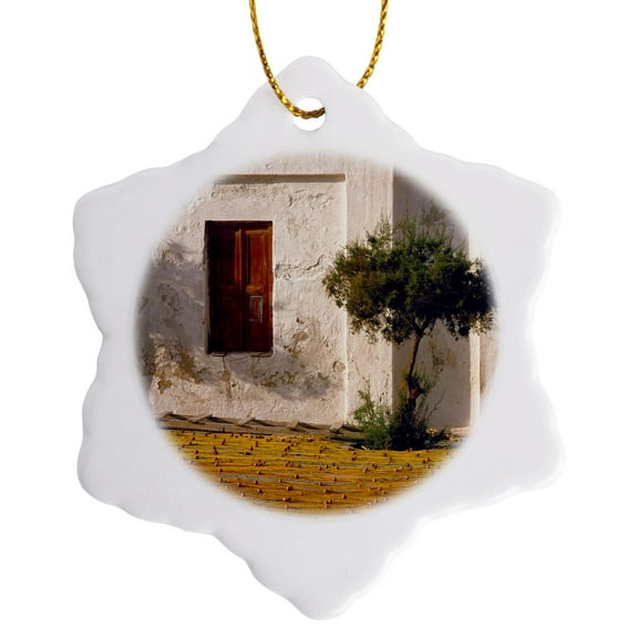 3drose, Greece, Mykonos, Fishing Village, Nets Drying - Eu12 Rer0005 - Ric Ergenbright, 3 inch Snowflake Porcelain Ornament