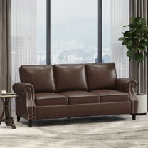 80" Modern PU Leather 3-Seater Sofa, Upholstered Couch with Rolled Armrests, Nailhead Trim, and Solid Wood Frame – Brown