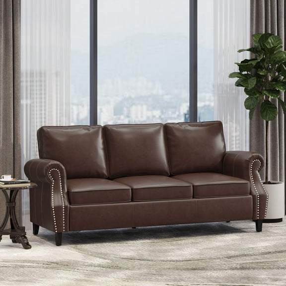 80" Modern PU Leather 3-Seater Sofa, Upholstered Couch with Rolled Armrests, Nailhead Trim, and Solid Wood Frame – Brown