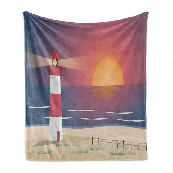 Summer Soft Flannel Fleece Throw Blanket, Digitally Generated Interpretation of a Watch Tower on the Beach During Sunset, Cozy Plush for Indoor and Outdoor Use, 70" x 90", Multicolor, by Ambesonne