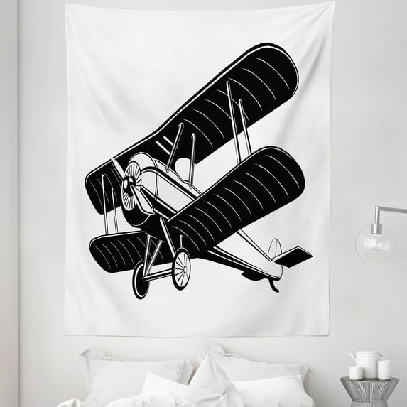 Airplane Tapestry, Monochrome Vintage Illustration of Retro Nostalgic Flying Vehicle Print, Fabric Wall Hanging Decor for Bedroom Living Room Dorm, 5 Sizes, Dark Brown and White, by Ambesonne