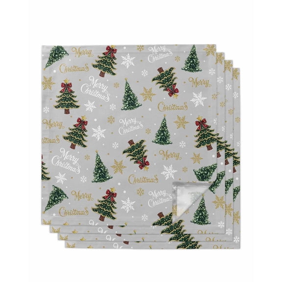 Grey Christmas Cloth Napkins Set of 4 Reusable Dinner Napkins, Winter Green Pine Tree Gold Snowflake Cocktail Napkin Washable Table Napkins for Wedding/Holiday Party/Baby Shower 20"x20"