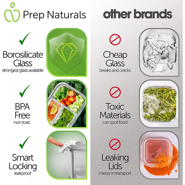 Prep Naturals - Glass Food Storage Containers - Meal Prep Container - 3  Packs, 3 Compartments, 34 Oz