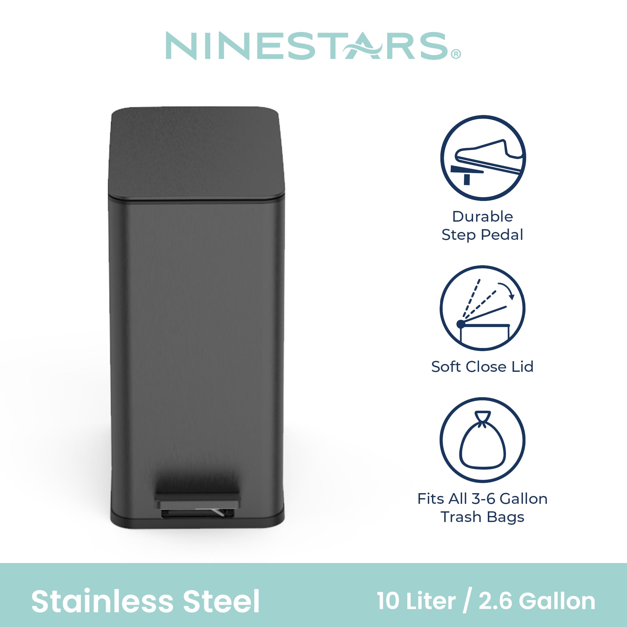 (2 pack) Nine Stars Bathroom Trash Can, 3 Gallon stainless steel, Step Garbage Bin with Soft Close lid, Black
