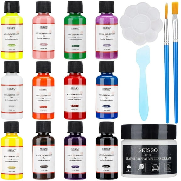 SEISSO 12 1Oz Acrylic Leather Paint Designed for Footwear And Leather, Paint Set for Sneakers, Featuring a Waterproof Formula, Along with 50G of Leather Filling Paste That Can Be Stained And Painted