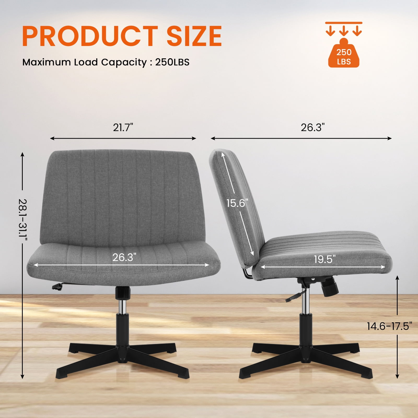 Dkelincs Criss Cross Chair Adjustable Wide Computer Desk Chair Armless Vanity Chair Modern Task Chair No Wheels, Gray