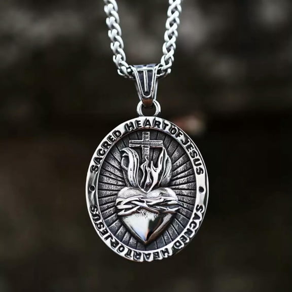 HOOUN Men Silver Sacred Heart of Jesus Pendant Lord's Prayer Necklace Stainless Steel
