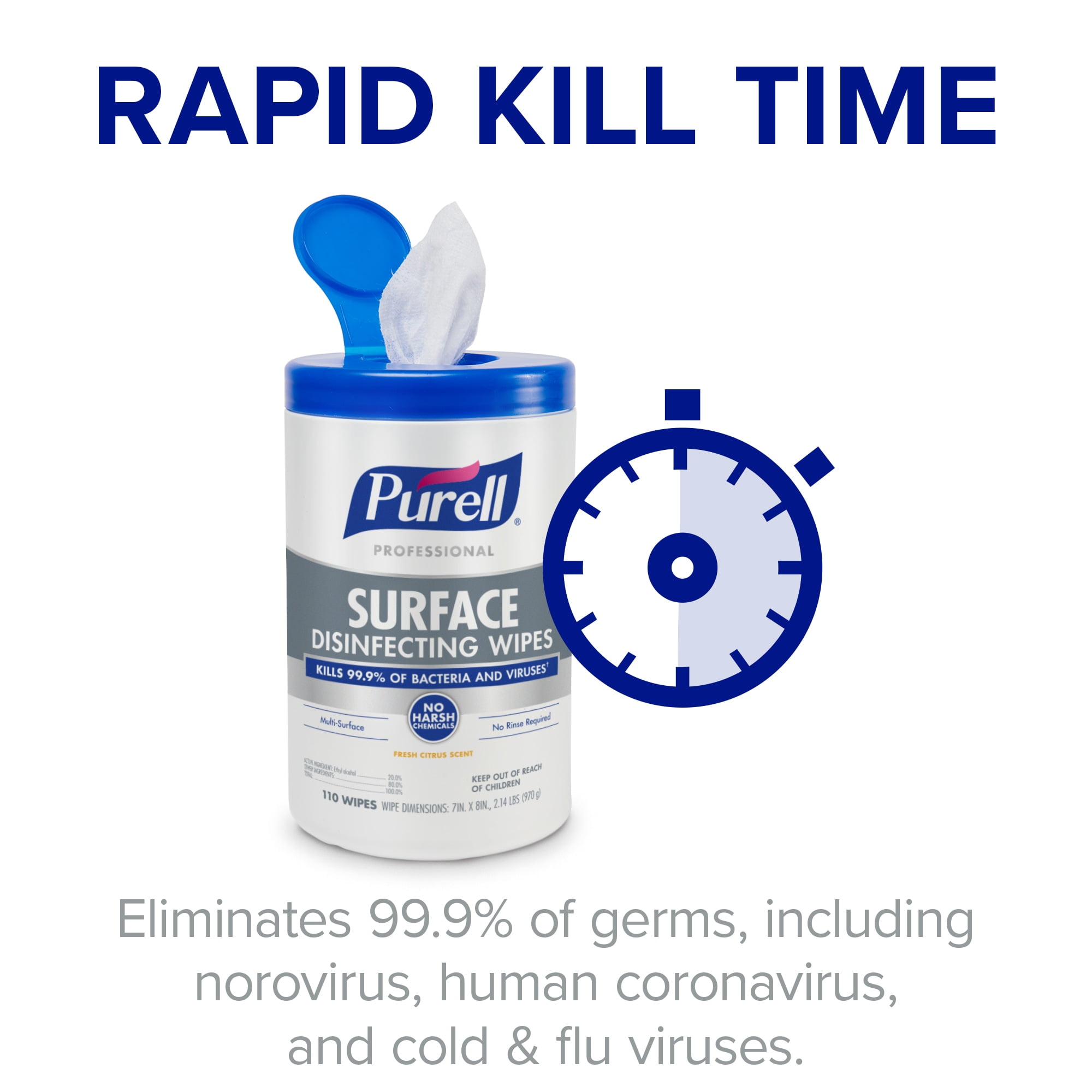 PURELL® Professional Surface Disinfecting Wipes, Citrus Scent, 110 Count Canister, 7"x 8" Wipes, Pack of 6 Canisters