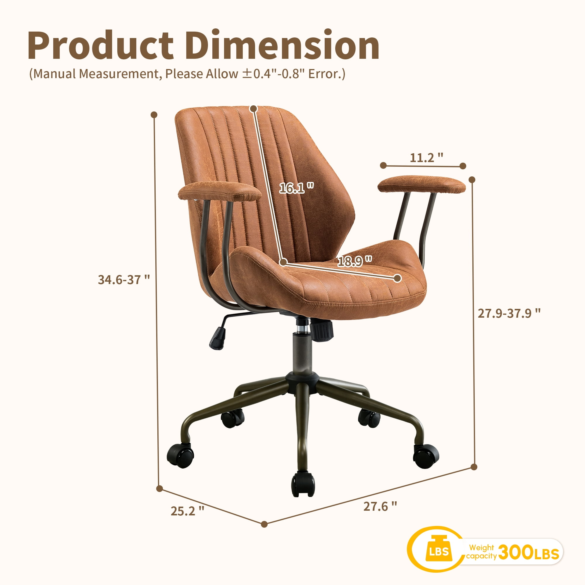 Toject Ergonomic Office Chair, Mid Back Comfy Home Office Chair with Lumbar Support, Mid-Century Modern Computer Executive Desk Chair with Thickened Cushions (Suede Leather, Brown)