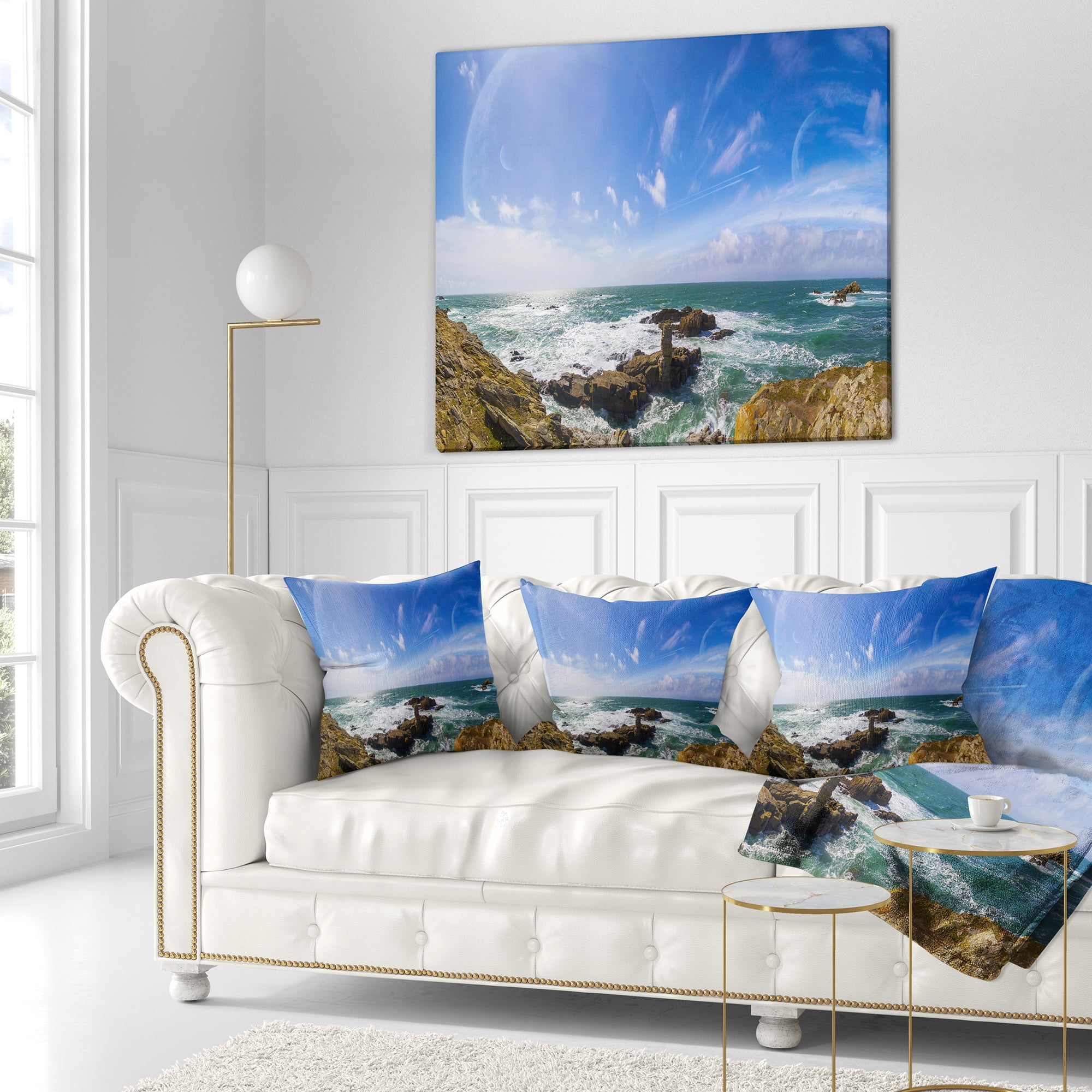 Designart Distant Planet System from Cliffs - Seashore Throw Pillow - 18x18