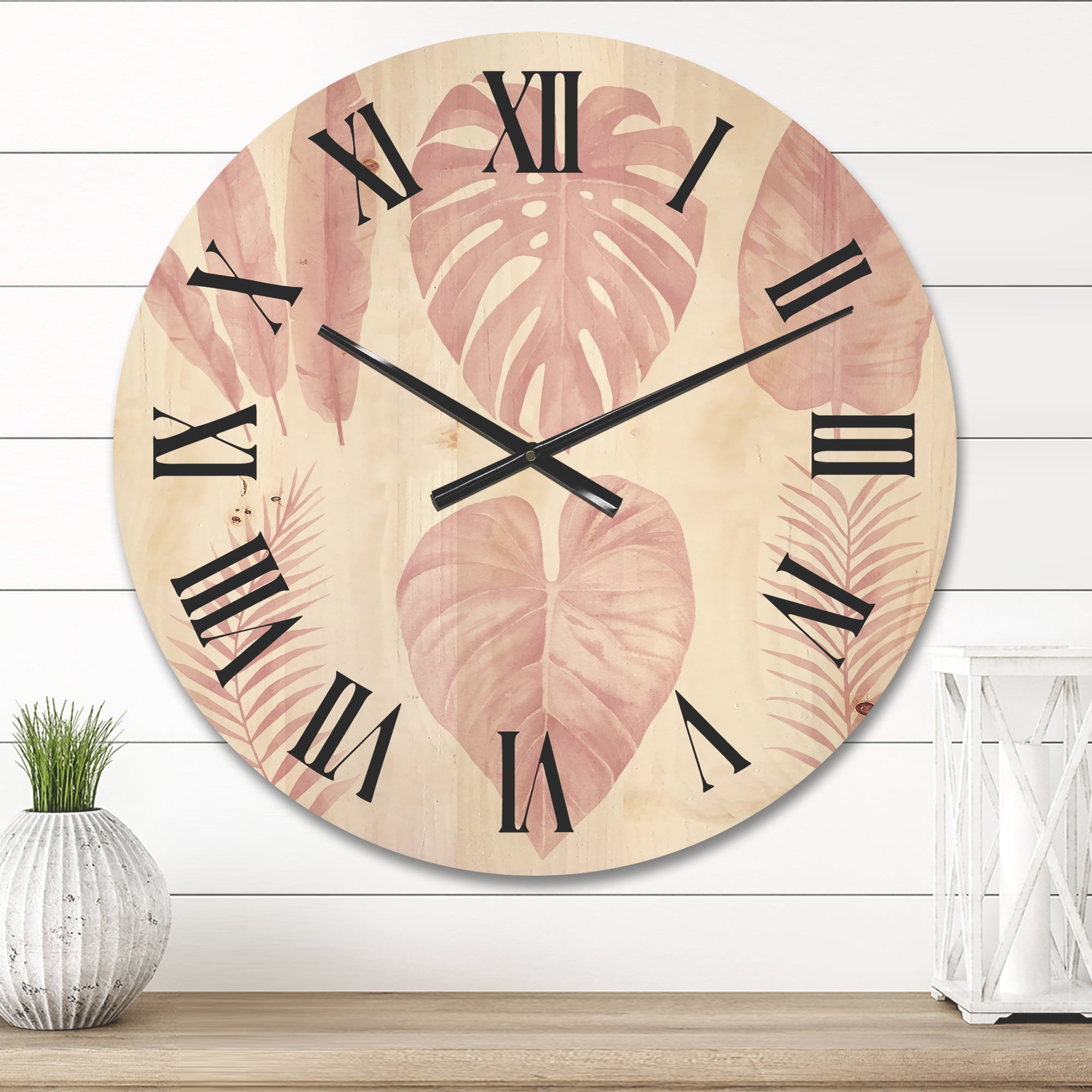 Designart 'Tropical Pink Watercolour Leaves On White I' Shabby Chic Wood Wall Clock