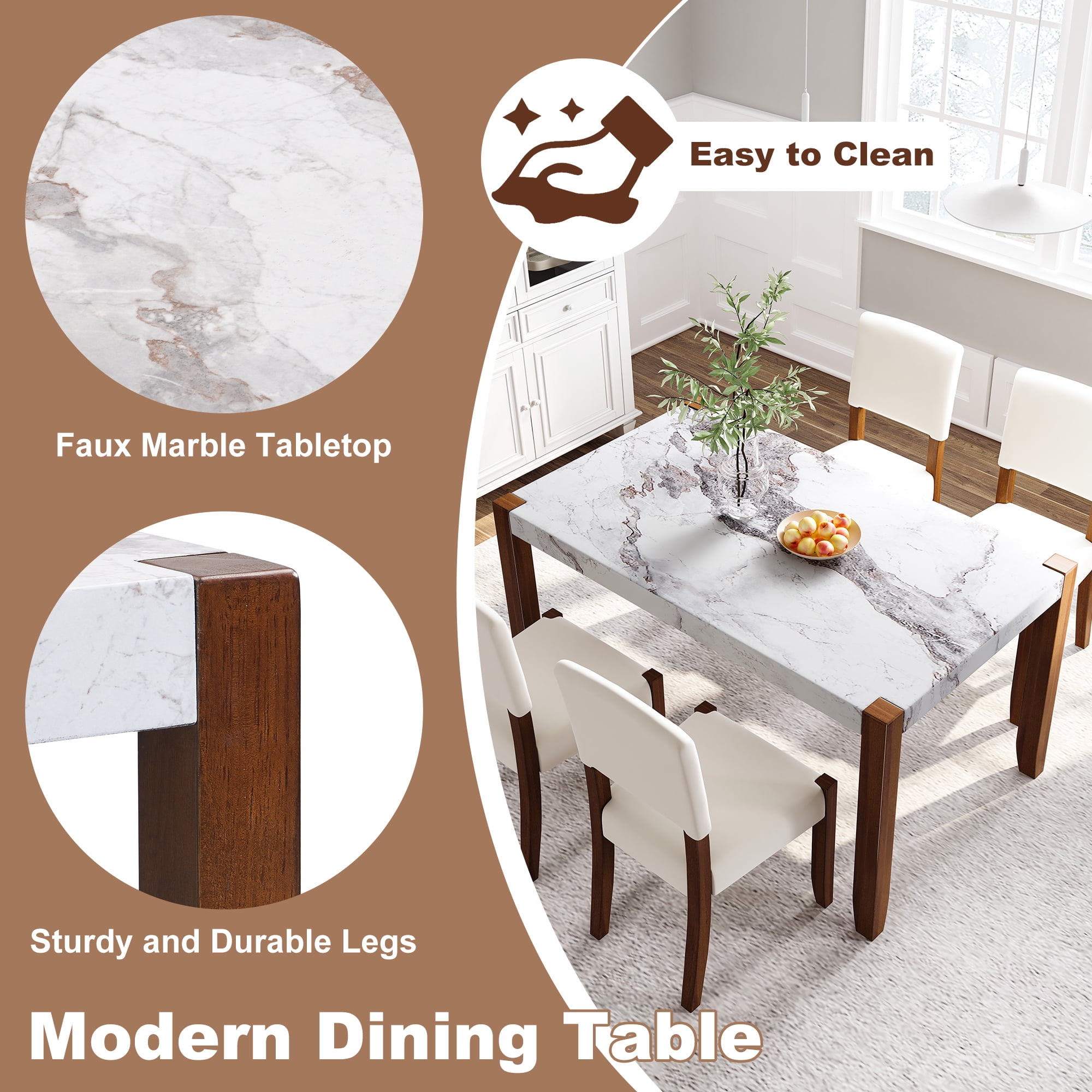 Euroco 5-Piece Dining Table Set for 4, 46" Faux Marble Kitchen Table with 4 Upholstered Chairs and Solid Wood Frame,Modern Kitchen Table Set for Home Living Dining Room, Beige