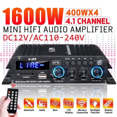 Blitzmax 1600W Bluetooth Audio Power Amplifier 4.1 Channel Support 2 Pairs Speakers 1 Subwoofer Wireless HiFi Stereo Amplifier for Home & Car