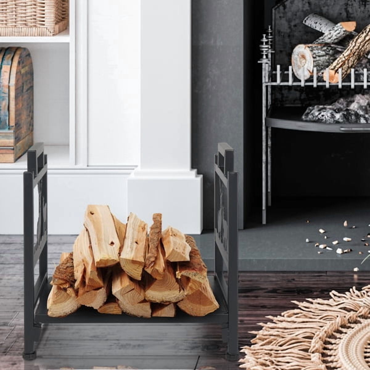 Single Layer Firewood Holder Weatherproof Firewood Rack with Tool Hooks, Indoor/Outdoor Use, Black