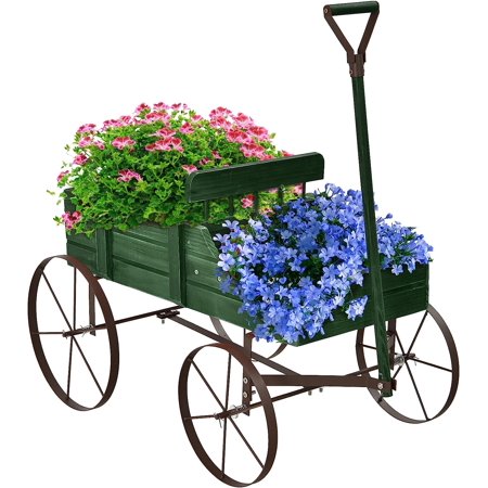 Wagon Planter  Decorative Wooden Garden Planter With Wheels  2 Planting Sections And Adjustable Handle  Indoor Outdoor Backyard Balcony Decor (Green)