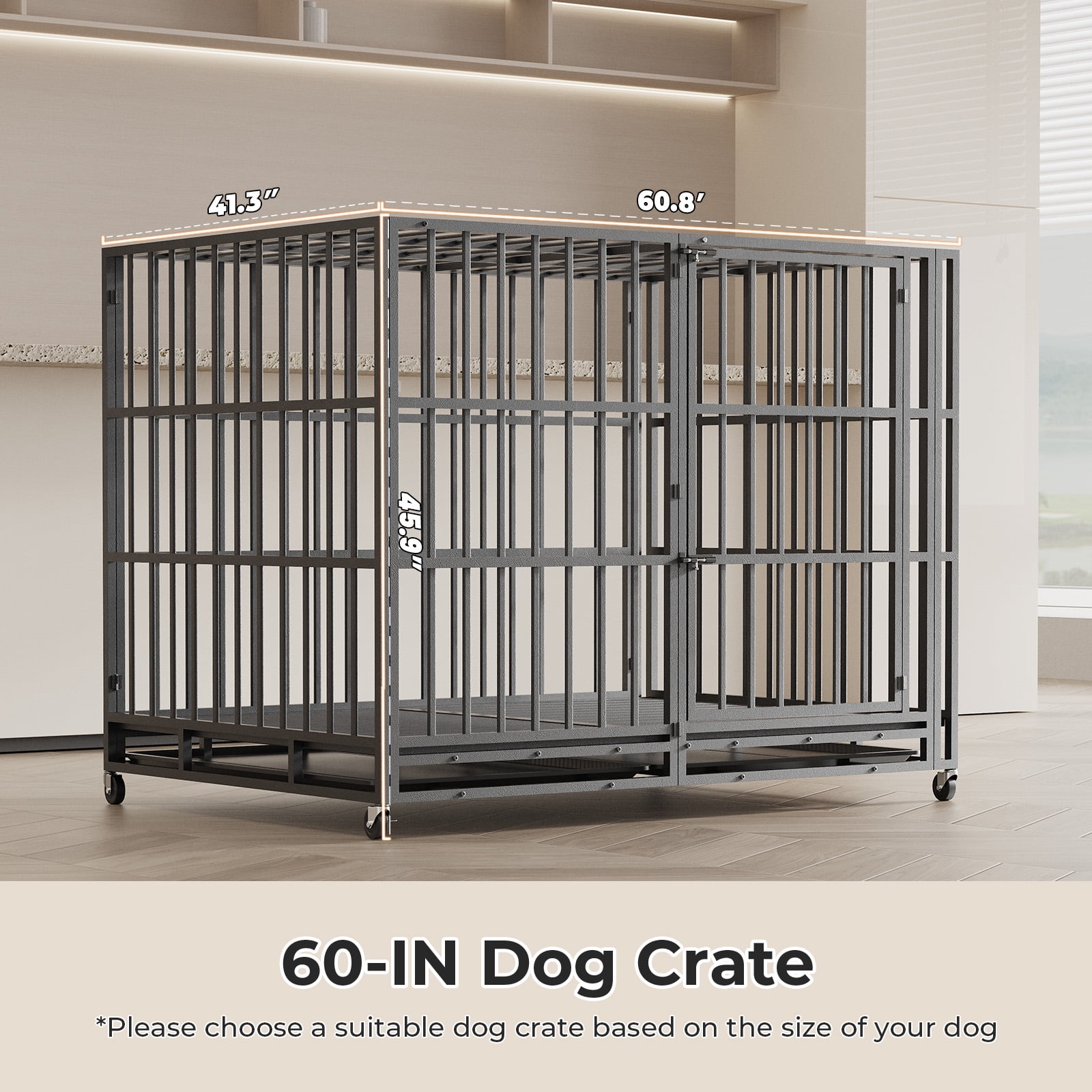 TIME RAY 60" Heavy Duty Indestructible High Anxiety Dog Crate Cage for Large Dog with Steel Escape Proof,Double Doors ,Lockable Wheels and Removable Tray