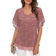 thumbnail image 2 of Vmvidoty Womens Summer Floral Double Layers V Neck Dressy Casual Blouses Ruffle Short Sleeve Work Tops for Women Trendy Pink S, 2 of 7