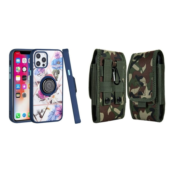 Bemz Ring Series Case for iPhone 14 Pro Max (TPU Silicone Cover with Magnetic Stand) and Vertical Rugged Nylon Belt Holster Pouch (Blue Purple Flowers/Green Camo)