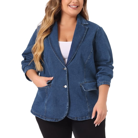 GRACE & GRANDEUR Women's Plus Size Denim Blazer Notched Lapel Button Work Jean Jackets 4X Denim Blue