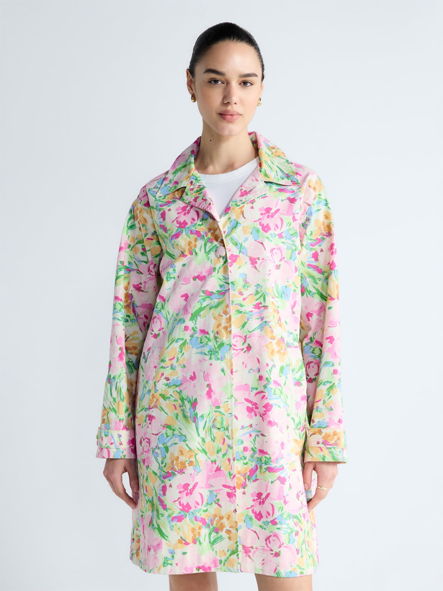 Free Assembly Women's and Women's Plus Floral Car Coat with Long Sleeves, Sizes XS-4X