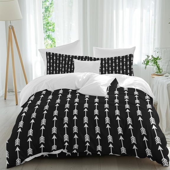 Arrow Queen Duvet Cover Set, Abstract Rustic Western Tribal Geometric Arrow Black 4 Piece Microfiber Bedding Set with Zipper Closure, Bed Sheet and 2 Pillow Shams, Soft Bedding Cover