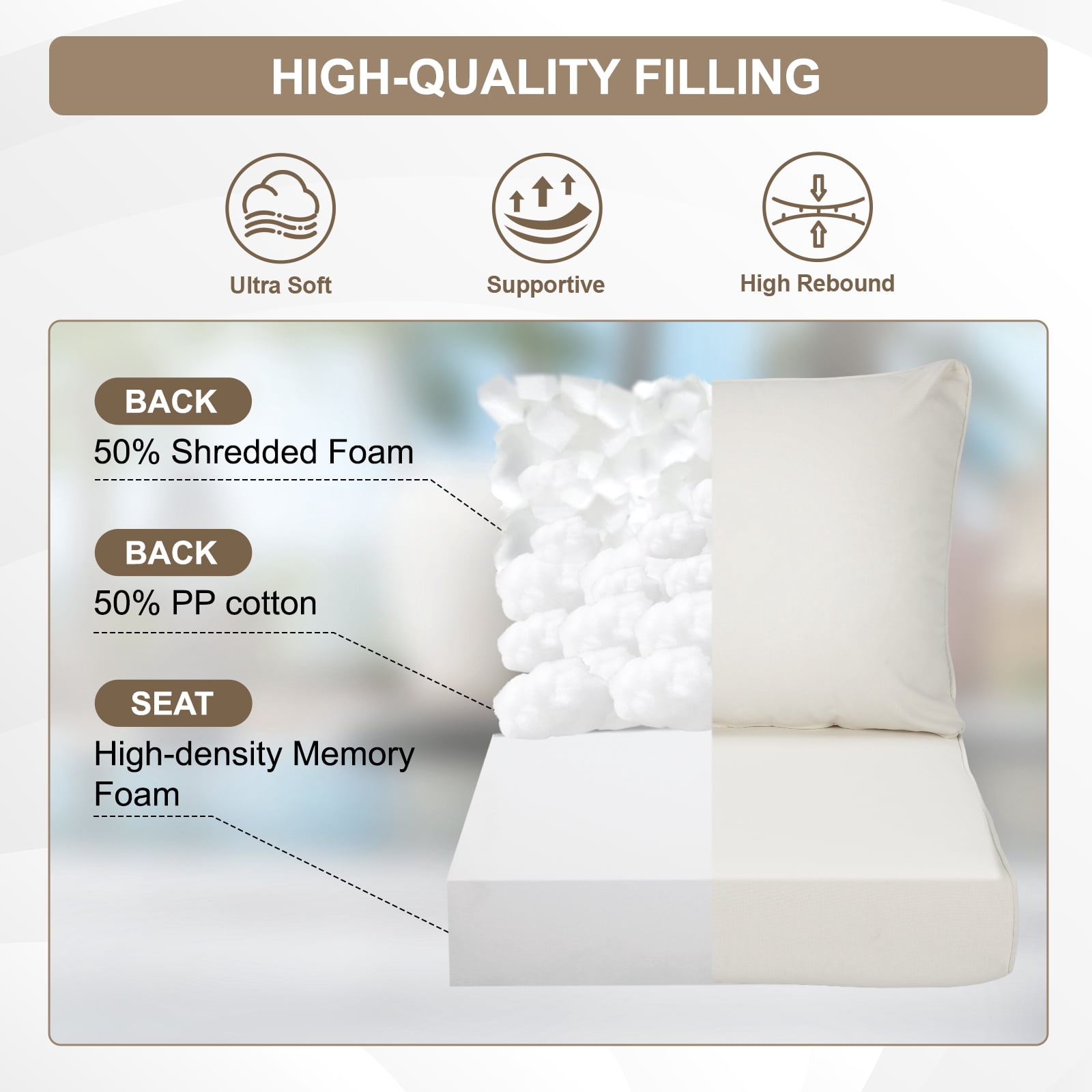 BPS 19x19 Inch Outdoor Deep Seat Cushion Set, Waterproof Patio Furniture Cushions with Adjustable Straps & Removable Cover for Patio, Deck, or Garden, Ivory White