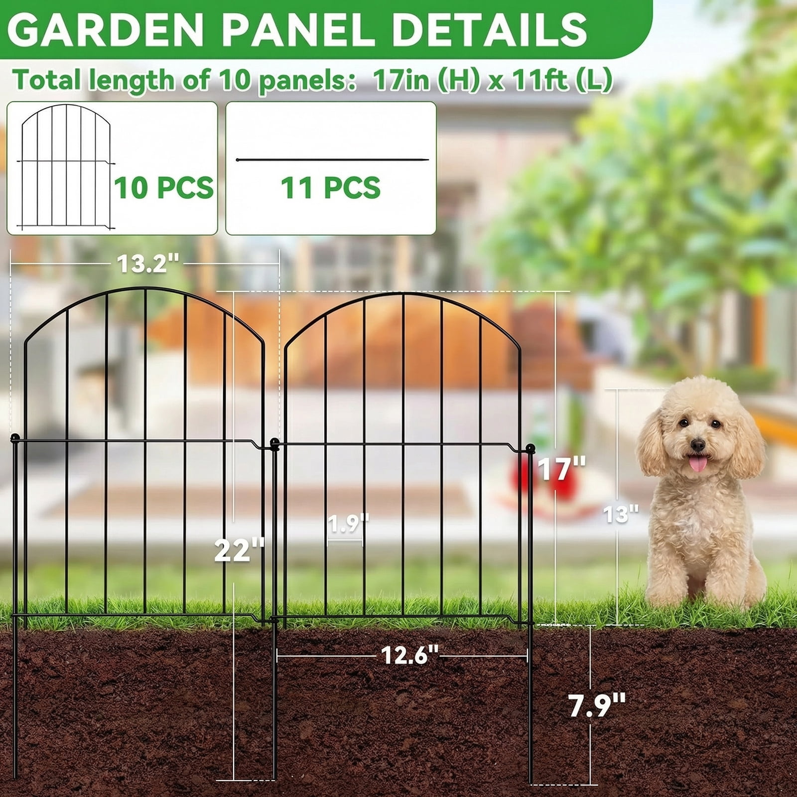 BSHAPPLUS® Garden Fence 10 pack ,17in (H) x 11ft (L) Metal Fence,Rustproof Decorative Fence,Animal Wire Fence,Wrought Iron Fence, Picket Fencing No-Dig for Yard, Lawn and Patio Borders