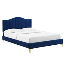 Full Size Platform Bed Navy Blue Velvet Camelback Tufted Headboard