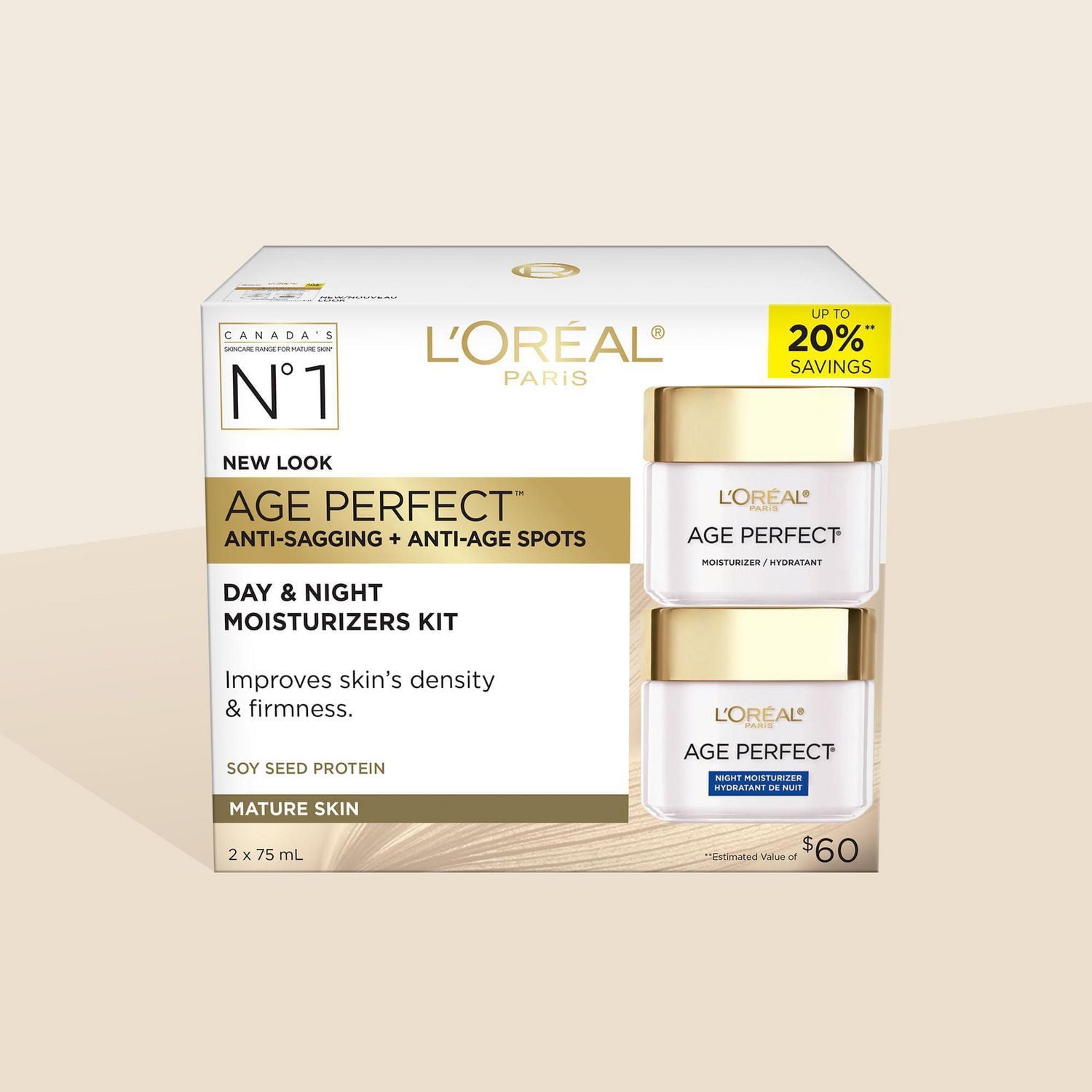 L'Oréal Paris Age Perfect Anti-Sagging Anti-Age Spot Kit Jour et Nuit avec protéines de graines de soya, anti-âge, 2x75 ml