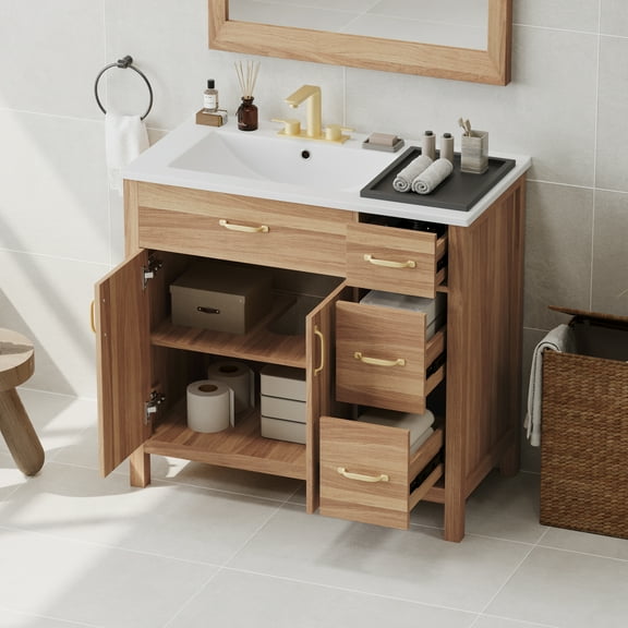 Harper & Bright Designs 36" Wood Bathroom Vanity Sink Combo with Drawers, Small Bathroom Storage Cabinet with Soft Close Drawers and Adjustable Shelf
