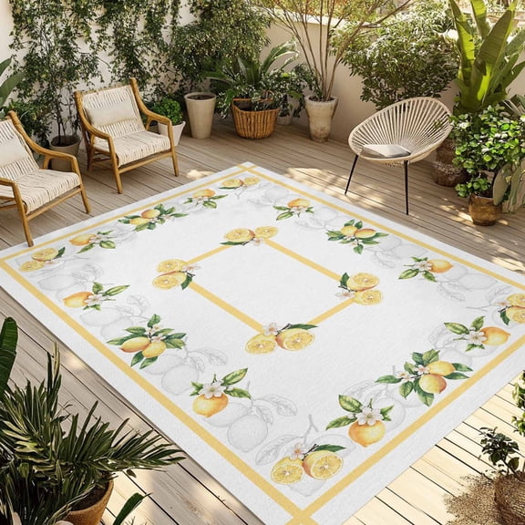 Fsddascl Lemon Yellow Outdoor Rug for Patio/Deck/Porch, Non-Slip Large Area Rug 6 x 9 Ft, Modern Country Flower Floral Summer Spring Indoor Outdoor Rugs Washable Area Rugs, Camping Rug Carpet