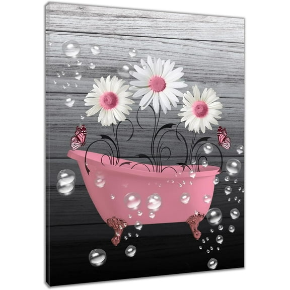 Pink Floral Canvas Wall Art for Bathroom Decor Vintage Flower and Butterfly in the Bathtub Abstract Wall Art Grey Rustic Wood Board Pictures Artwork for Bedroom Living Room 12x16 Inches