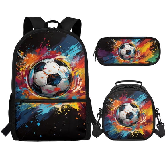 Jeiento Football Backpack and Lunch Bag Set for Boys 6-7 8-9 Kids Bookbag with Lunch Box Pencil Case 3 IN 1 Set Primary School Bag for Kids Girls Splash Ink Backpacks