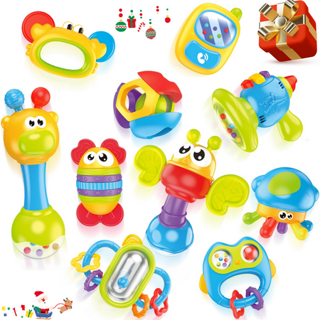Ludolm 10Pcs Baby Rattles Toy Set, Baby Toys 0-6 Months Infant Toys 6-12 Months Teethers for Babies 3-6 Months Easter Basket Stuffers, Sensory Teething Toys 0 1 2 3 4 5 6 Month Newborn Boy Girl Gifts