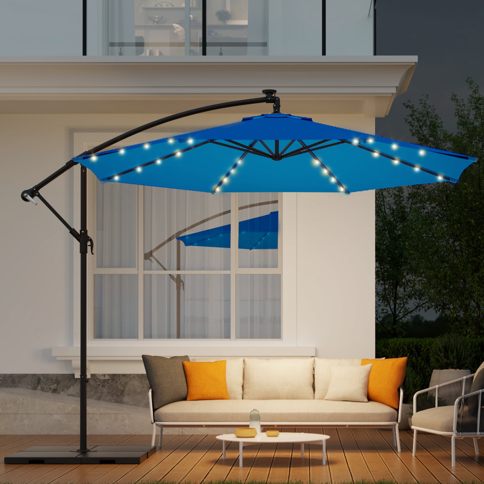 EROMMY 10FT 40 LED Solar Lighted Patio Umbrella,Outdoor Offset Cantilever Umbrella, Infinite Tilt, Crank and Cross Base, UV Protection for Backyard, Lawn, Garden & Pool