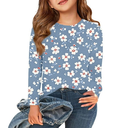 Abcomgle Long Sleeve Shirts for Girls 7-8 Trendy Floral Print Crewneck Tshirts for Girls Winter Basic Top for Girls Cute Girls Tunic Tops 11-12 Years Blue