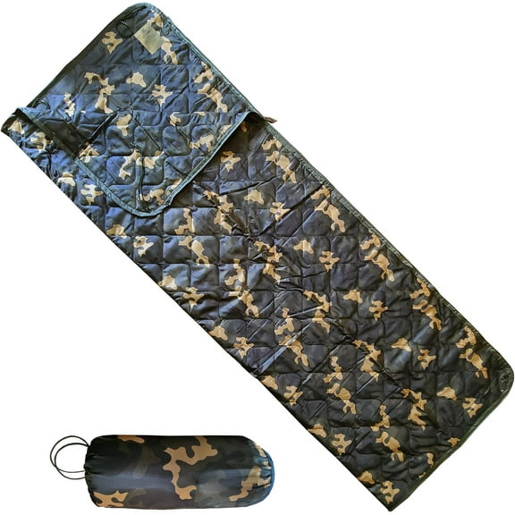 BATTLBOX Woodlands Camo Woobie Bubbie Style Poncho Liner and Sleeping Bag (with Zipper) and Tie Down Straps