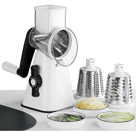 

Rotary Cheese Grater 3 in 1 Multi-functional Mandoline Vegetable Shredder Slicer with Strong Suction Base 3 Drum Blades in Set (White & Black)