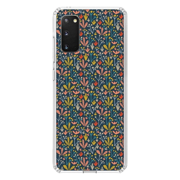 DistinctInk Clear Shockproof Hybrid Case for Galaxy S20 / S20 5G (6.2" Screen) - TPU Bumper, Acrylic Back, Tempered Glass Screen Protector - Modern Floral - Navy Yellow Teal