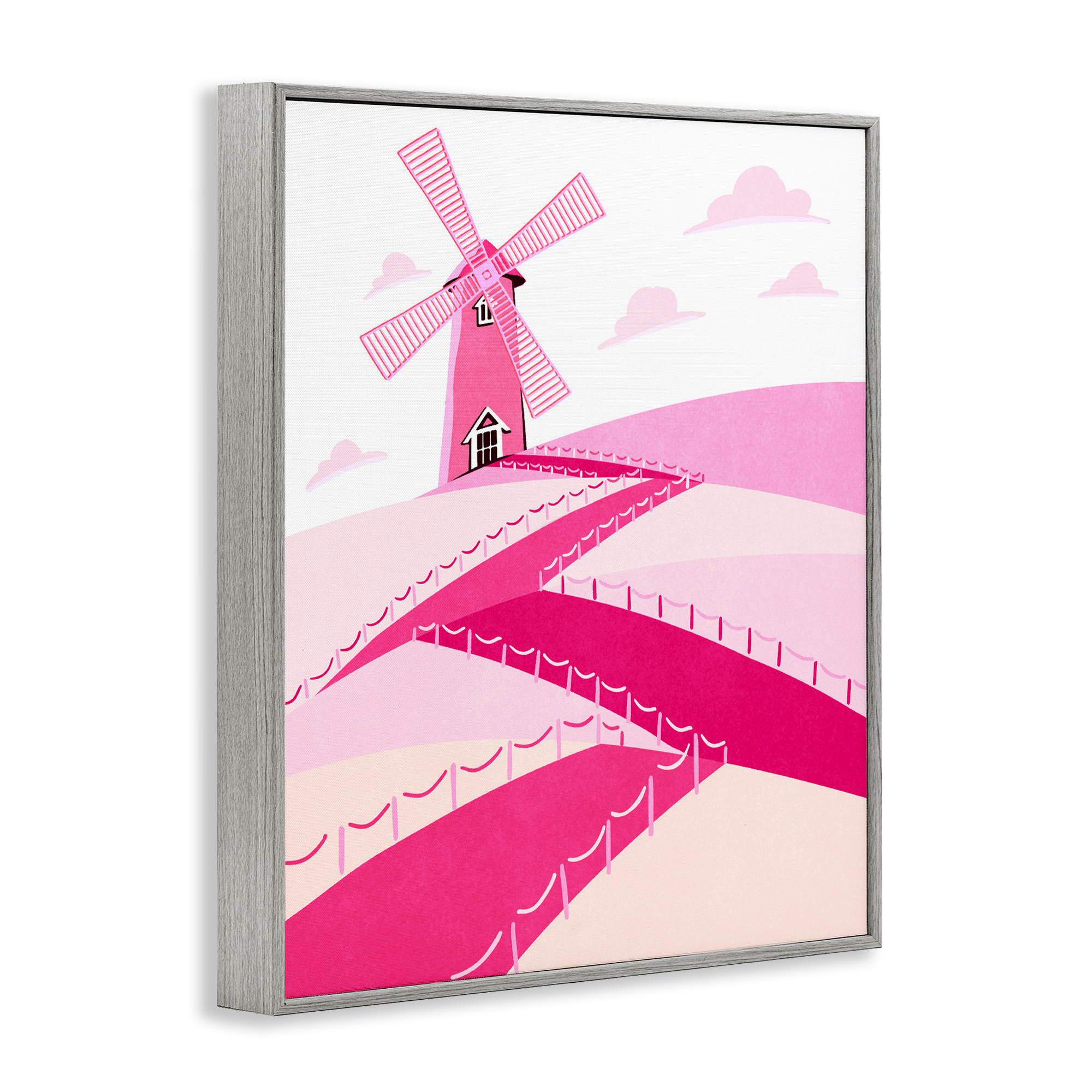 Pink Hills and Windmill Gray Framed Giclee Art, design by Ziwei Li