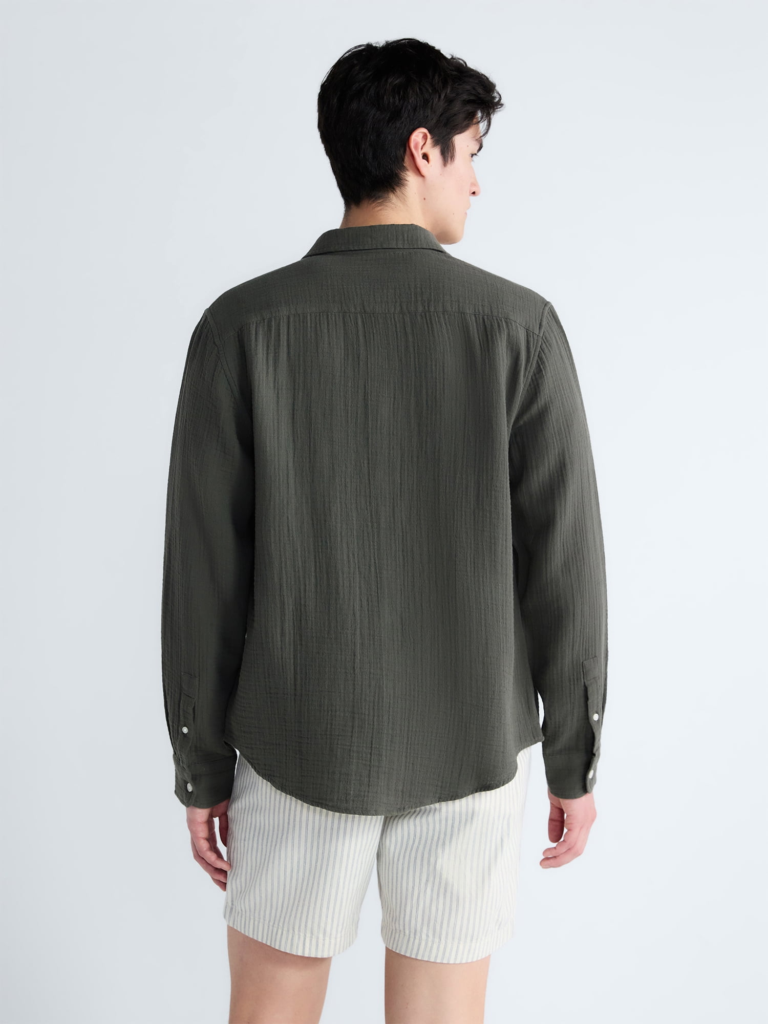 Free Assembly Men's Button Front Double Cloth Shirt with Long Sleeves, Sizes XS-3XL