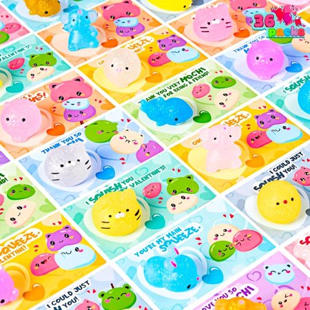 28Pcs Kids Valentines Cards Mochi squishy Toys with Glow-in-The-Dark / Glitter Mochi / Animal Mochi Squishy Stress Relief Classroom Exchange Prizes Valentine Party Favor Toy 2025 Valentine Exchange