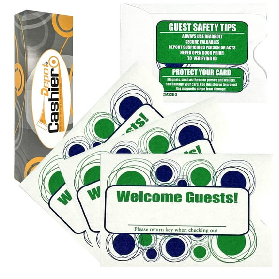 500 Cashier Depot Key Card Envelope/Sleeve " Welcome Guests" 2-3/8" x 3-1/2" Sturdy 24lb White Paper, 500/Box (Blue & Green)