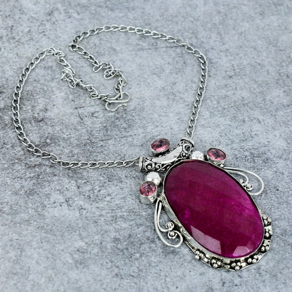 Red Jade, Kunzite Gemstone 925 Sterling Silver Jewelry Necklace 18"
