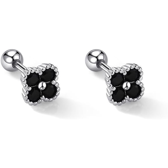 20G Four Leaf Clover Stud Earrings 925 Sterling Silver Black Cubic Zirconia Little Flower Cartilage Earrings Tragus Piercing Studs Dainty Ear Jewelry for Women