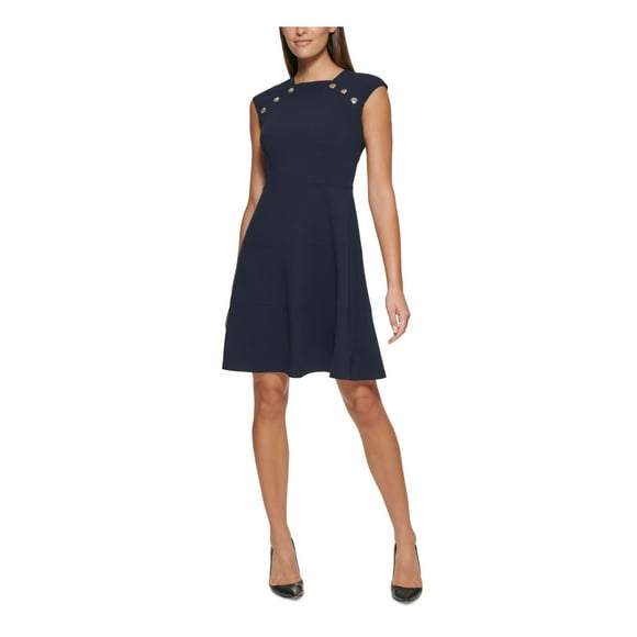 TOMMY HILFIGER Womens Navy Zippered Unlined Button Detail Cap Sleeve Square Neck Above The Knee Wear To Work Fit + Flare Dress Petites 0P