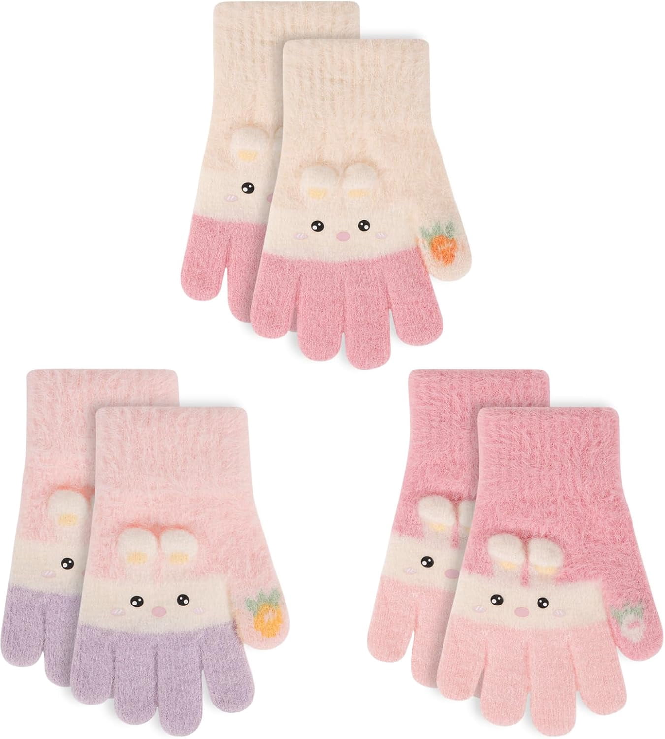 Lot De 3 Paires Gants Magiques Chauds Enfant - Mitaines Lapin Polaire Colorées 4-12 Ans (fille)