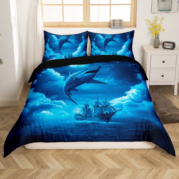 Erosebridal Marine Shark Comforter Cover Twin,Nautical Boat Bedding Twin Size,Breathable Reversible Comforter Cover Twin,Ocean Theme Decor,3-Piece(No Comforter)